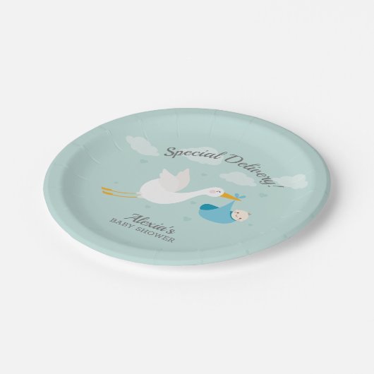 Stork Boy Baby Bundle Baby shower Papieren Bordje (Gekanteld)