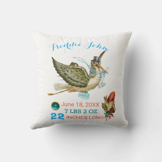 STORK BOY BABY SHOWER Blauw Wit Baby Stats Kussen (Achterkant)