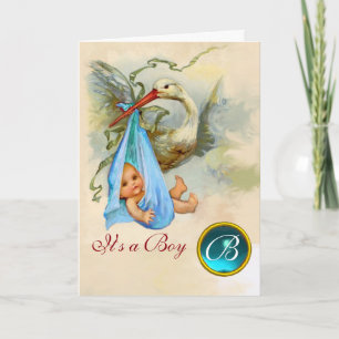 STORK BOY BABY SHOWER BLUE GEM MONOGRAM AANKONDIGING