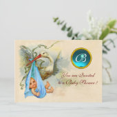 STORK BOY BABY SHOWER BLUE GEMSTONE MONOGRAM KAART (Staand voorkant)