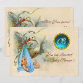 STORK BOY BABY SHOWER BLUE GEMSTONE MONOGRAM KAART (Voorkant / Achterkant)