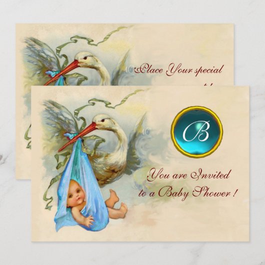 STORK BOY BABY SHOWER BLUE GEMSTONE MONOGRAM KAART (Voorkant / Achterkant)