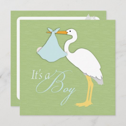 Stork Boy Baby shower Invitation Square Kaart (Voorkant / Achterkant)