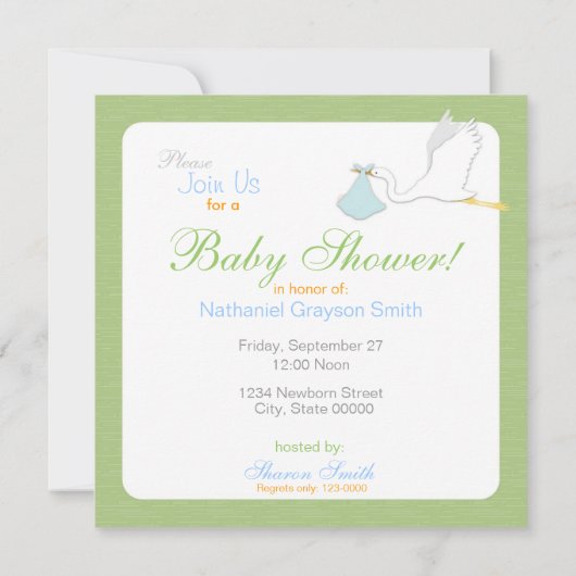 Stork Boy Baby shower Invitation Square Kaart (Achterkant)