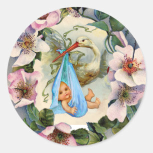 STORK BOY BABY SHOWER KROWN MET PINK WILDE ROZEN RONDE STICKER
