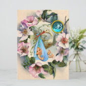 STORK BOY BABY SHOWER, PINK WILD ROZEN MONOGRAM KAART (Staand voorkant)