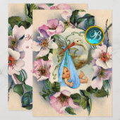 STORK BOY BABY SHOWER, PINK WILD ROZEN MONOGRAM KAART (Voorkant / Achterkant)