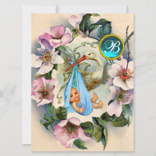 STORK BOY BABY SHOWER, PINK WILD ROZEN MONOGRAM KAART