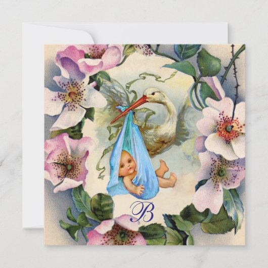 STORK BOY BABY SHOWER, PINK WILD ROZEN MONOGRAM KAART (Voorkant)