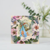 STORK BOY BABY SHOWER, PINK WILD ROZEN MONOGRAM KAART (Staand voorkant)