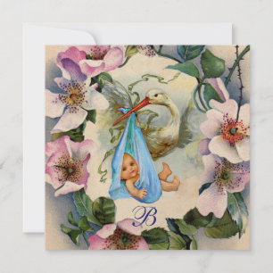 STORK BOY BABY SHOWER, PINK WILD ROZEN MONOGRAM KAART
