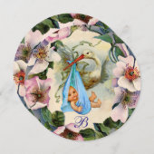 STORK BOY BABY SHOWER, PINK WILD ROZEN MONOGRAM KAART (Voorkant / Achterkant)