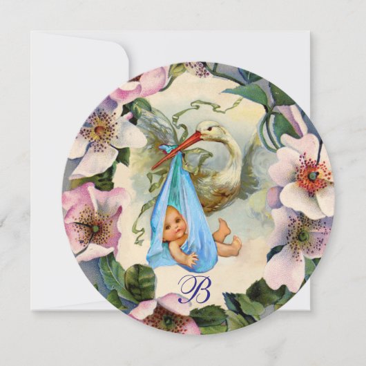 STORK BOY BABY SHOWER, PINK WILD ROZEN MONOGRAM KAART (Voorkant)