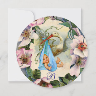 STORK BOY BABY SHOWER, PINK WILD ROZEN MONOGRAM KAART