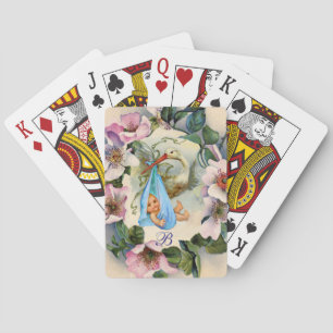 STORK BOY BABY SHOWER, PINK WILD ROZEN MONOGRAM POKERKAARTEN