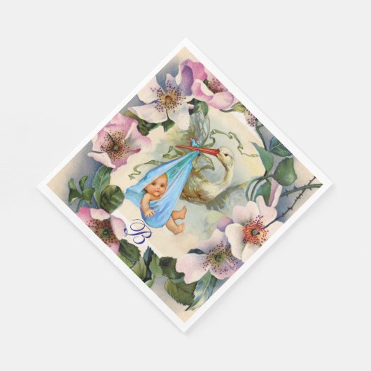 STORK BOY BABY SHOWER, PINK WILD ROZEN MONOGRAM SERVET (Hoek)