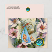 STORK BOY BABY SHOWER, PINK WILD ROZEN MONOGRAM UITNODIGING BRIEFKAART (Voorkant / Achterkant)