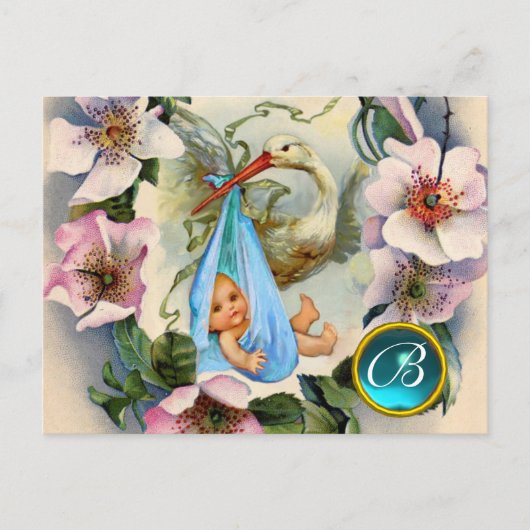 STORK BOY BABY SHOWER, PINK WILD ROZEN MONOGRAM UITNODIGING BRIEFKAART (Voorkant)