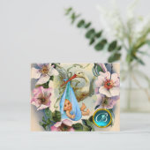 STORK BOY BABY SHOWER, PINK WILD ROZEN MONOGRAM UITNODIGING BRIEFKAART (Staand voorkant)