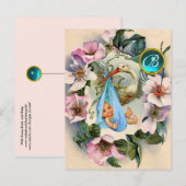 STORK BOY BABY SHOWER, PINK WILD ROZEN MONOGRAM UITNODIGING BRIEFKAART (Voorkant / Achterkant)