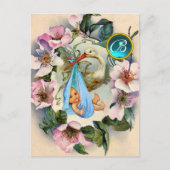 STORK BOY BABY SHOWER, PINK WILD ROZEN MONOGRAM UITNODIGING BRIEFKAART (Voorkant)