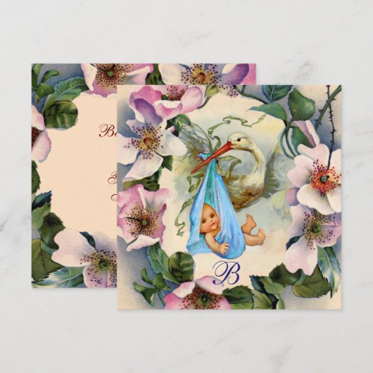 STORK BOY BABY SHOWER ,ROZE WILDE ROZEN Bedankt Kaart (Voorkant / Achterkant)