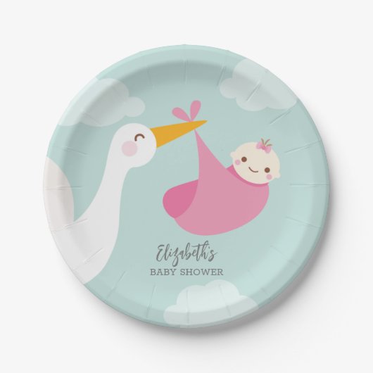 Stork Bundle Girl-Baby shower Papieren Bordje (Voorkant)