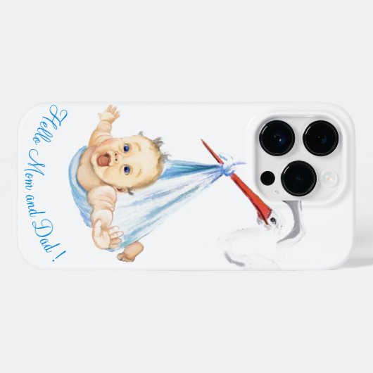 Stork Carning Baby iPhone Case Hallo papa en mama (Achterkant (horizontaal))
