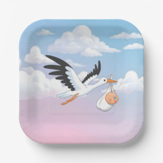 Stork Carrying a Baby Cloudy Sky Papieren Bordje