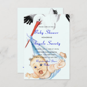 Stork Carrying Baby Boy Shower Invitation - Fun Kaart