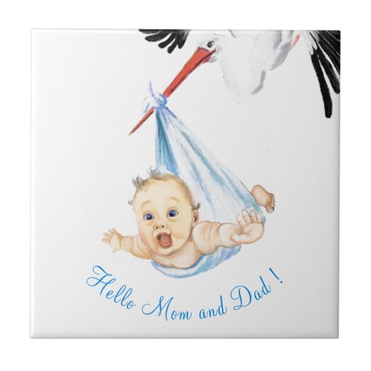 Stork Carrying Baby Funny Tegel met aangepaste tek Tegeltje (Voorkant)