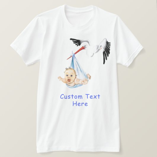 Stork Carrying Baby Funny - Tekst / naam toevoegen T-shirt (Design voorkant)
