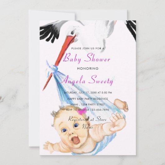 Stork Carrying Baby shower Invitation voorbeeld (Voorkant)
