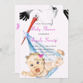 Stork Carrying Baby shower Invitation voorbeeld (Voorkant / Achterkant)