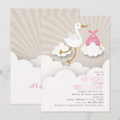 Stork + Clouds Baby shower - Roze Kaart (Voorkant / Achterkant)