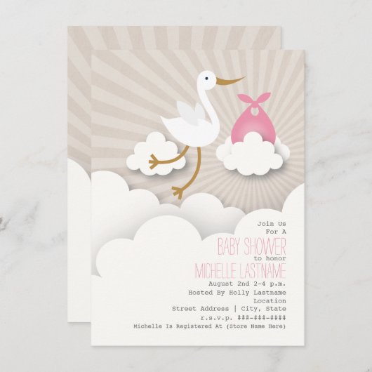Stork + Clouds Baby shower - Roze Kaart (Voorkant / Achterkant)