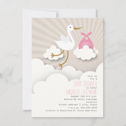 Stork + Clouds Baby shower - Roze Kaart (Voorkant)