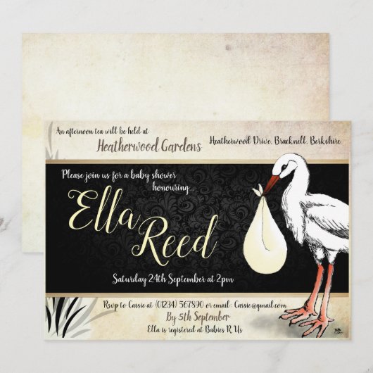 Stork Cream Baby Douche Uitnodigingen (Voorkant / Achterkant)