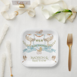 Stork Crest Waterverf Baby Jongensdouche Papieren Bordje