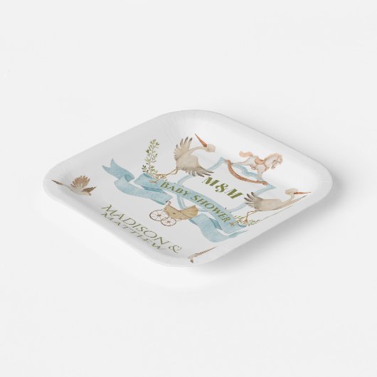 Stork Crest Waterverf Baby Jongensdouche Papieren Bordje (Gebogen)