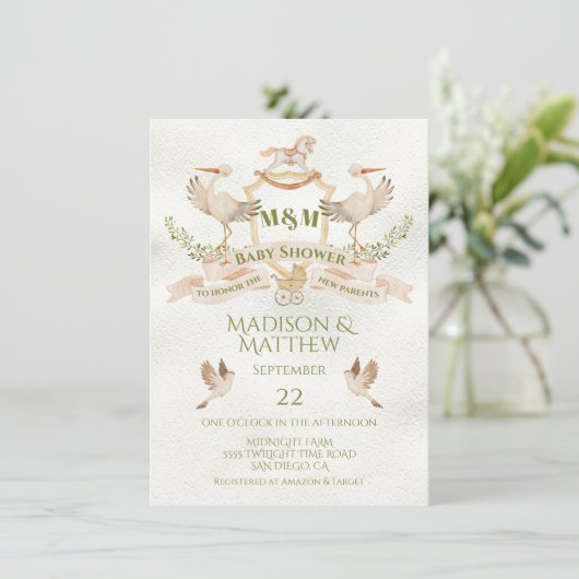 Stork Crest Waterverf Baby shower Kaart (Staand voorkant)