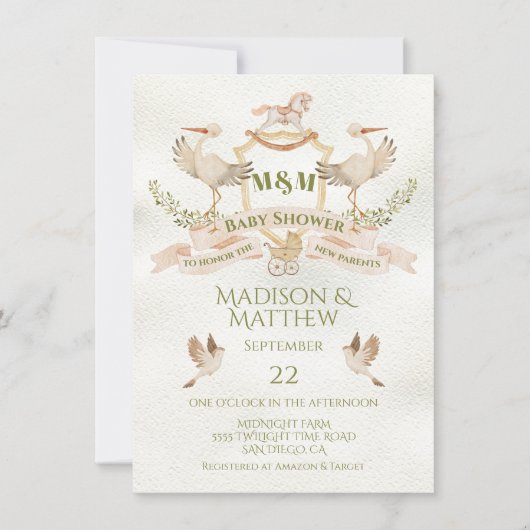 Stork Crest Waterverf Baby shower Kaart (Voorkant)