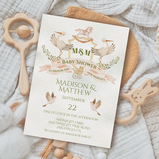 Stork Crest Waterverf Baby shower Kaart