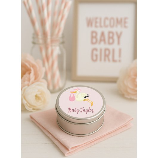 Stork Delivery Baby Girl Pink Ronde Sticker