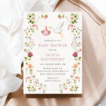 Stork Delivery Pink Floral Garden Girl Baby Shower