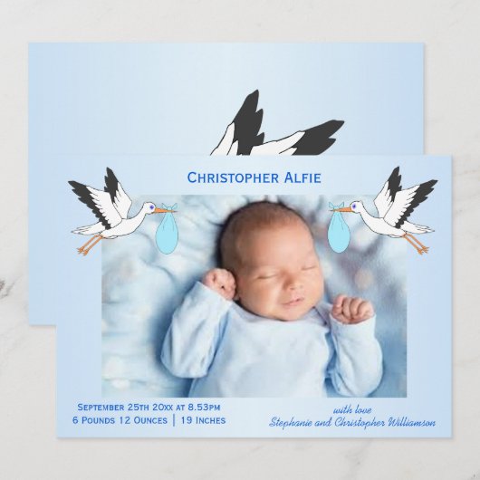 Stork Design Baby Boy Birth Aankondiging (Voorkant / Achterkant)
