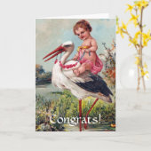 Stork en Baby, 1909, Gefeliciteerd! Kaart (Gele Bloem)
