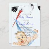 Stork en Baby Boy Shower Uitnodiging Voorbeeld (Voorkant / Achterkant)
