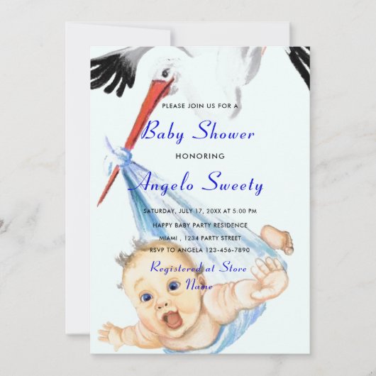 Stork en Baby Funny Baby Boy Shower Uitnodiging (Voorkant)