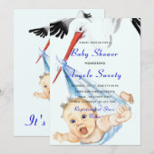 Stork en Baby Funny Baby Boy Shower Uitnodiging (Voorkant / Achterkant)